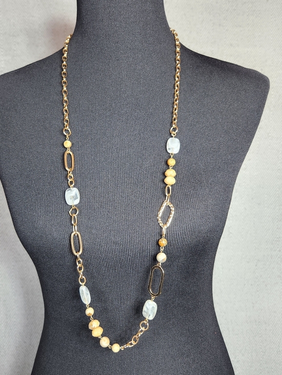 no brand Jewelry - Gold-Tone 36" Long Necklace with Tan Beads and Clear And Hammered Accents